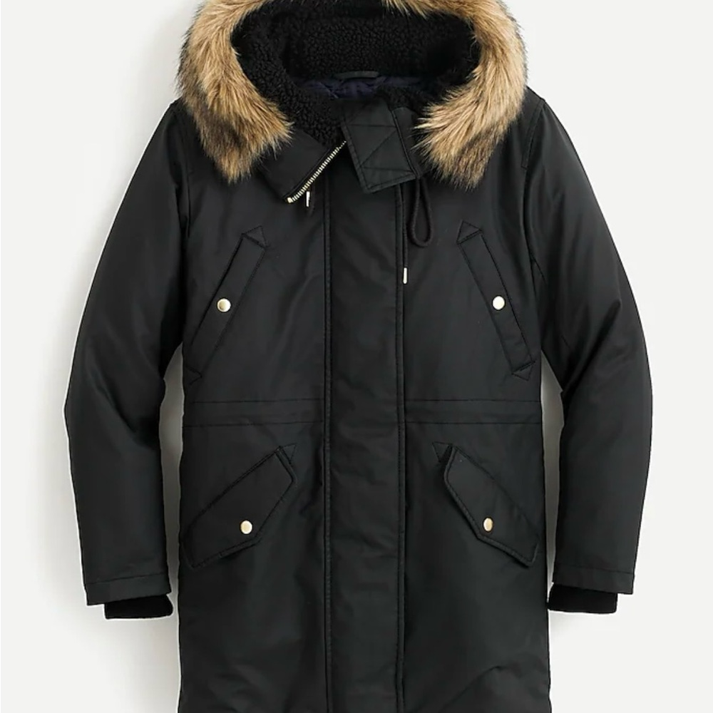 J. Crew Black Perfect Parka with Faux Fur Trim